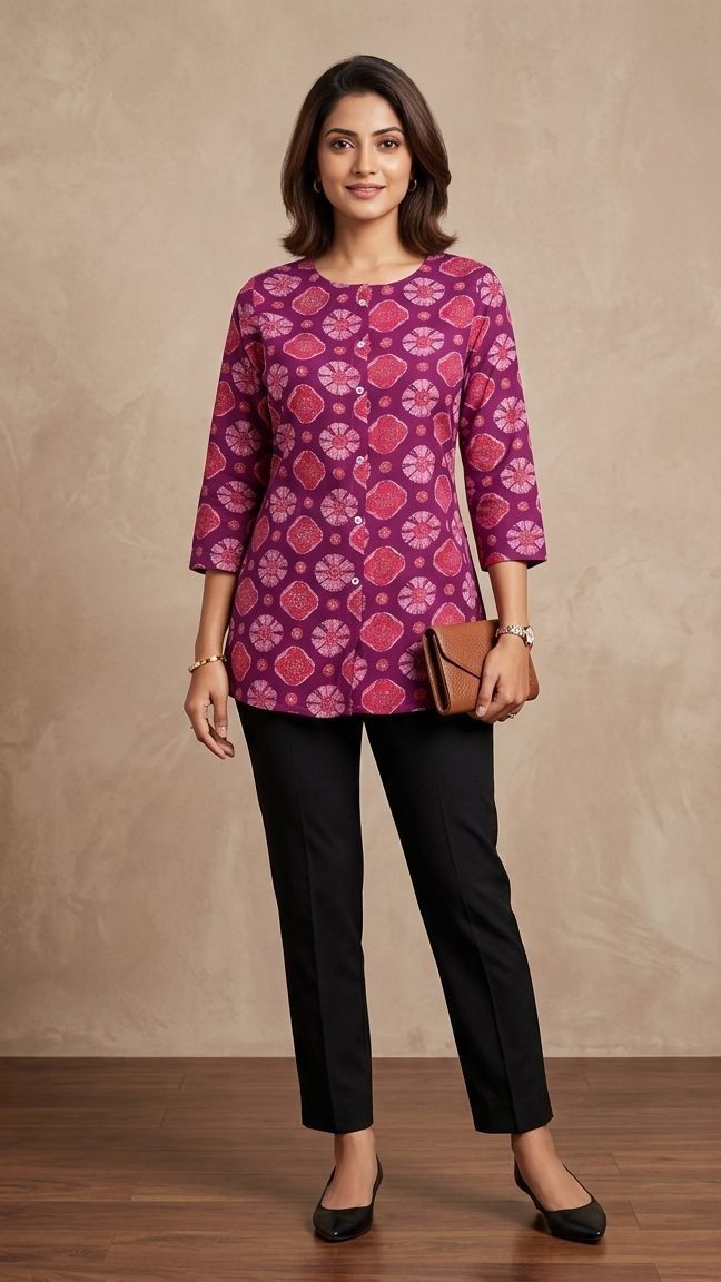 Woman wearing a purple patterned top and black pants against a beige background