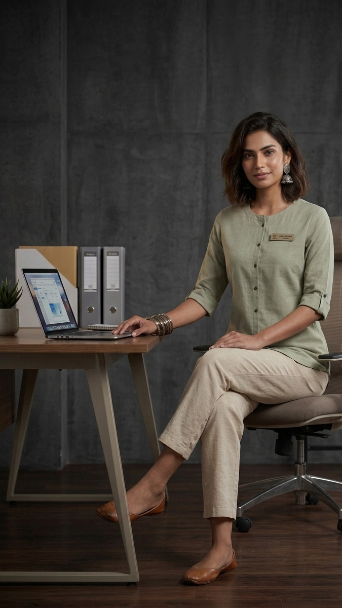 Woman sitting at a desk with a laptop, wearing a green shirt and beige pants, in a room with a dark gray wall and wooden floor.