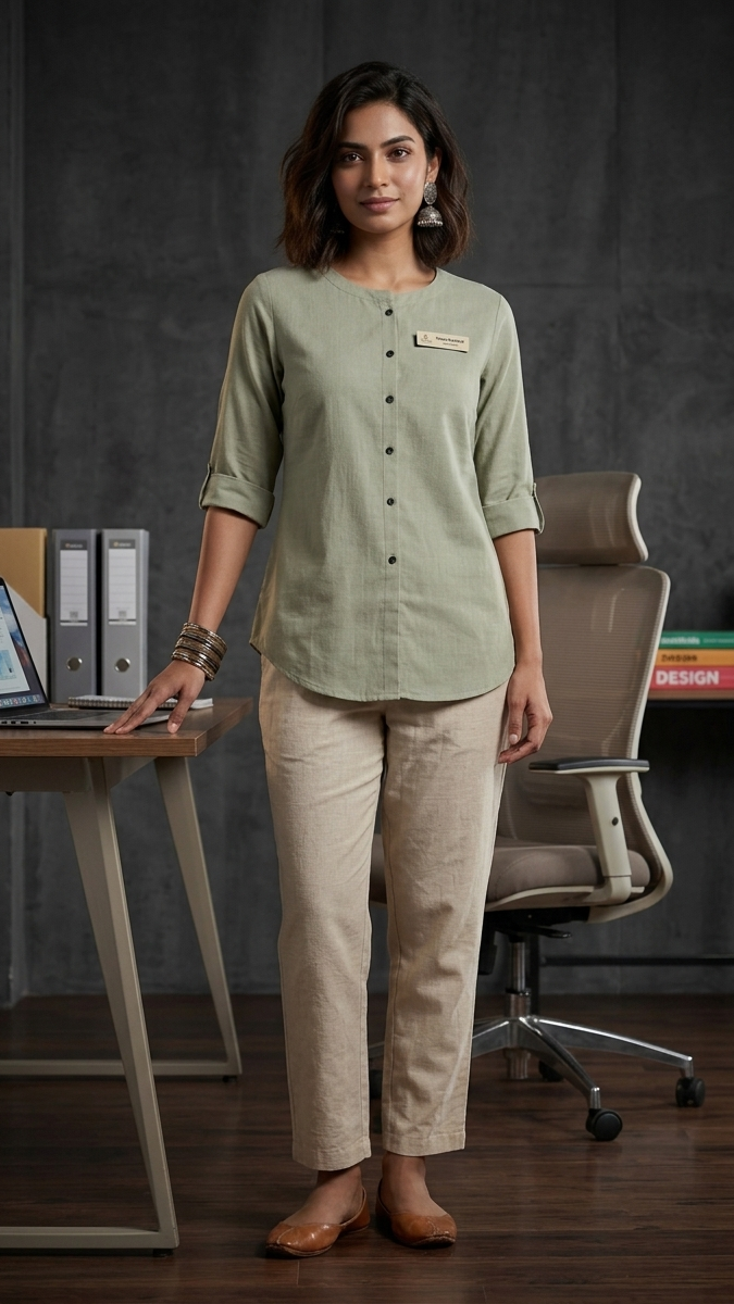 Woman standing in a home office setting with a desk and chair.