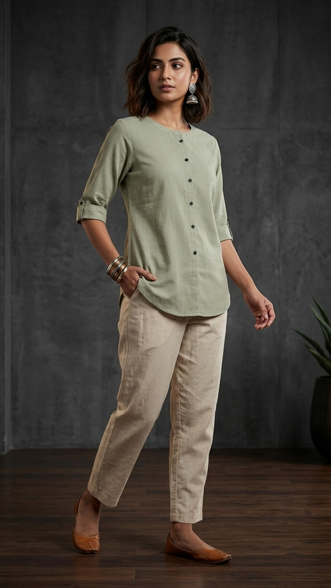 Woman wearing a green top and beige pants standing against a dark gray wall with a plant in the background.