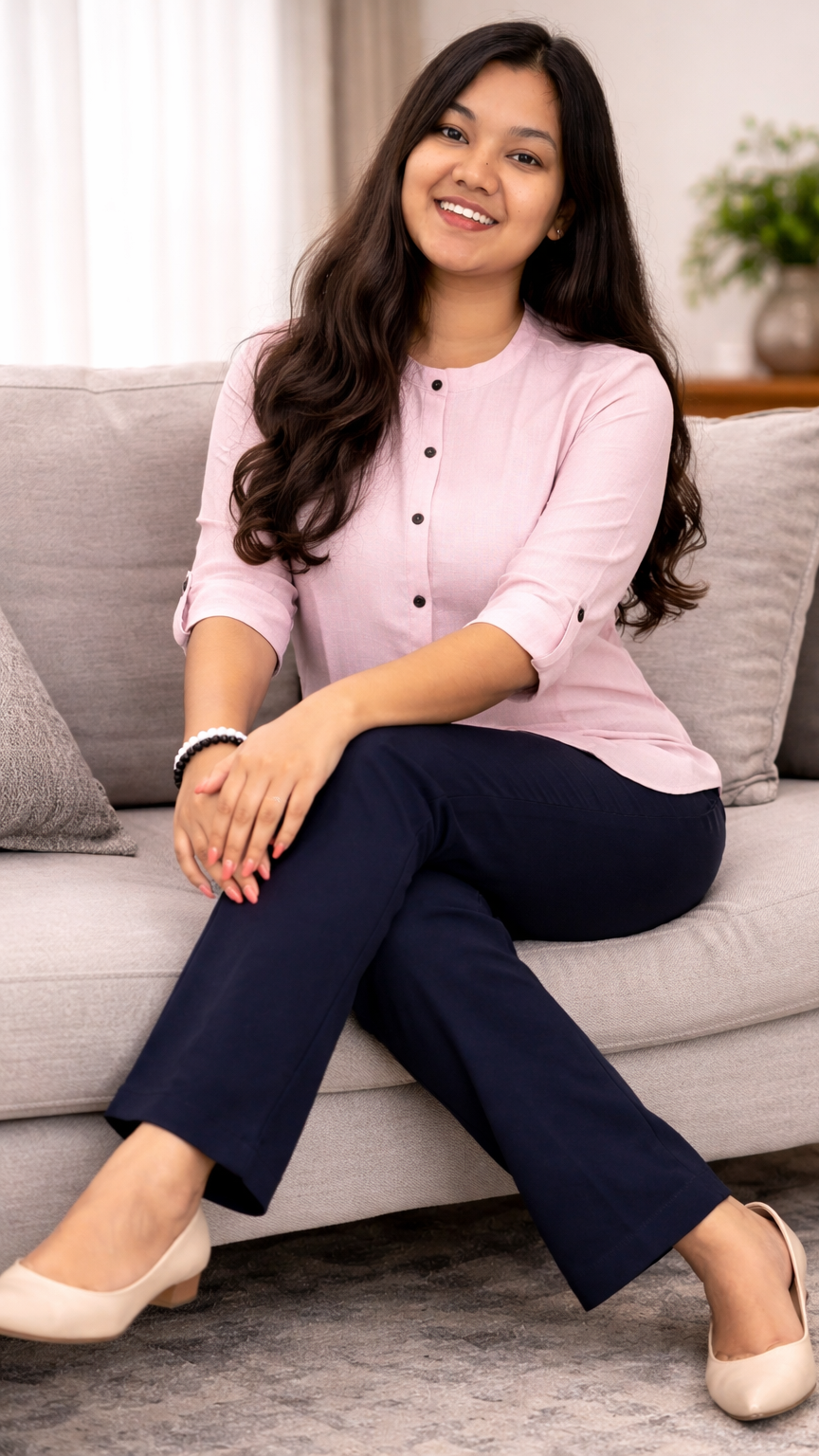 Woman sitting on a couch wearing a pink cardigan and navy pants in a living room setting.