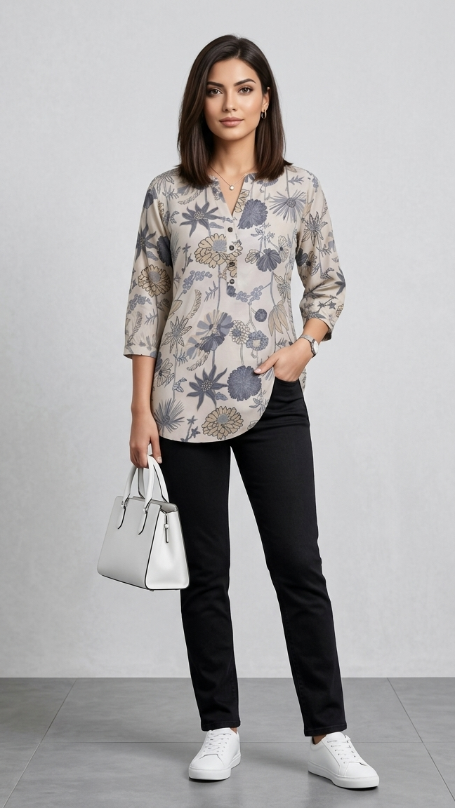 Woman wearing a floral blouse, black pants, and white shoes, holding a white handbag on a gray background