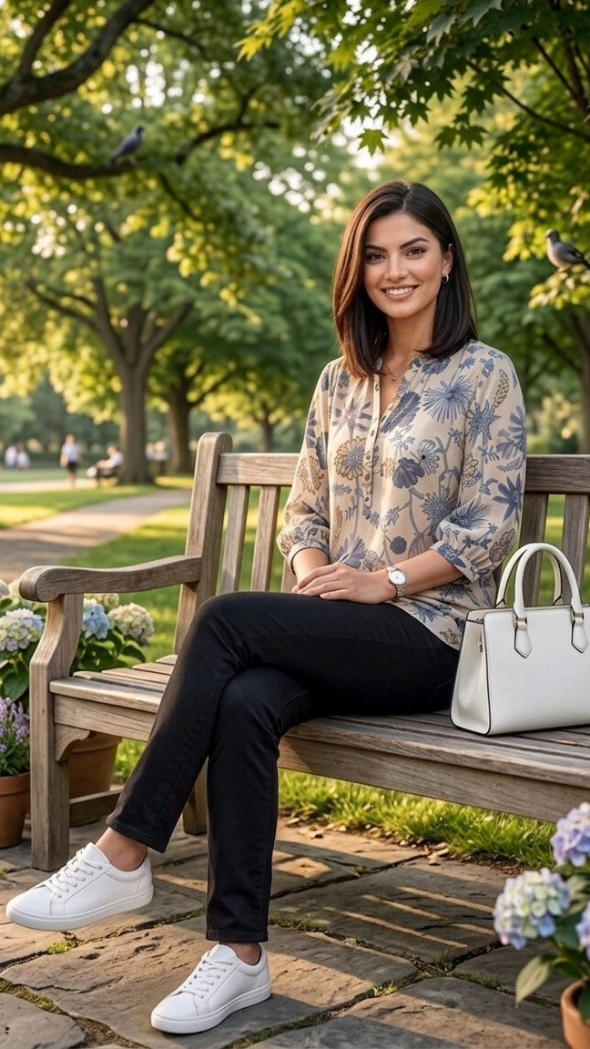 Woman sitting on a park bench with flowers and potted plants around her