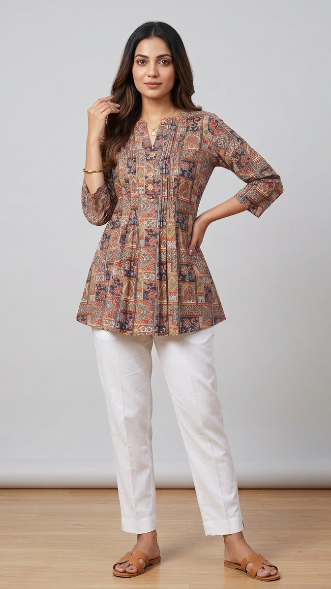 Woman wearing a patterned top and white pants on a plain background