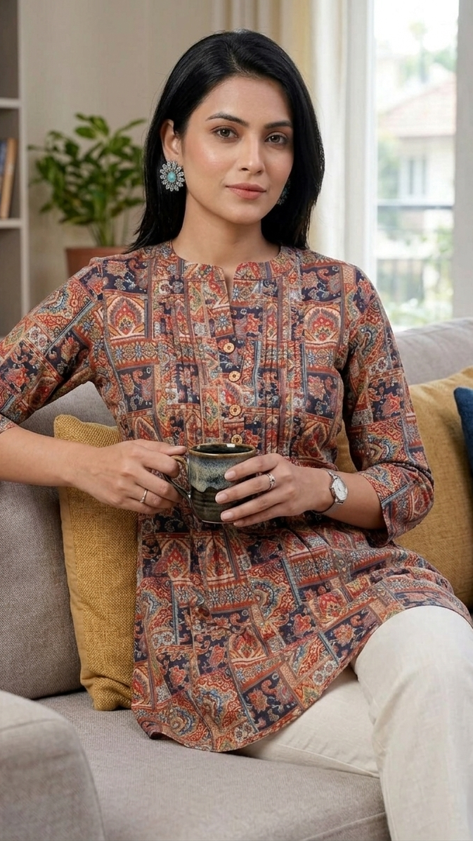 Woman sitting on a couch holding a cup, wearing a patterned dress in a home setting.