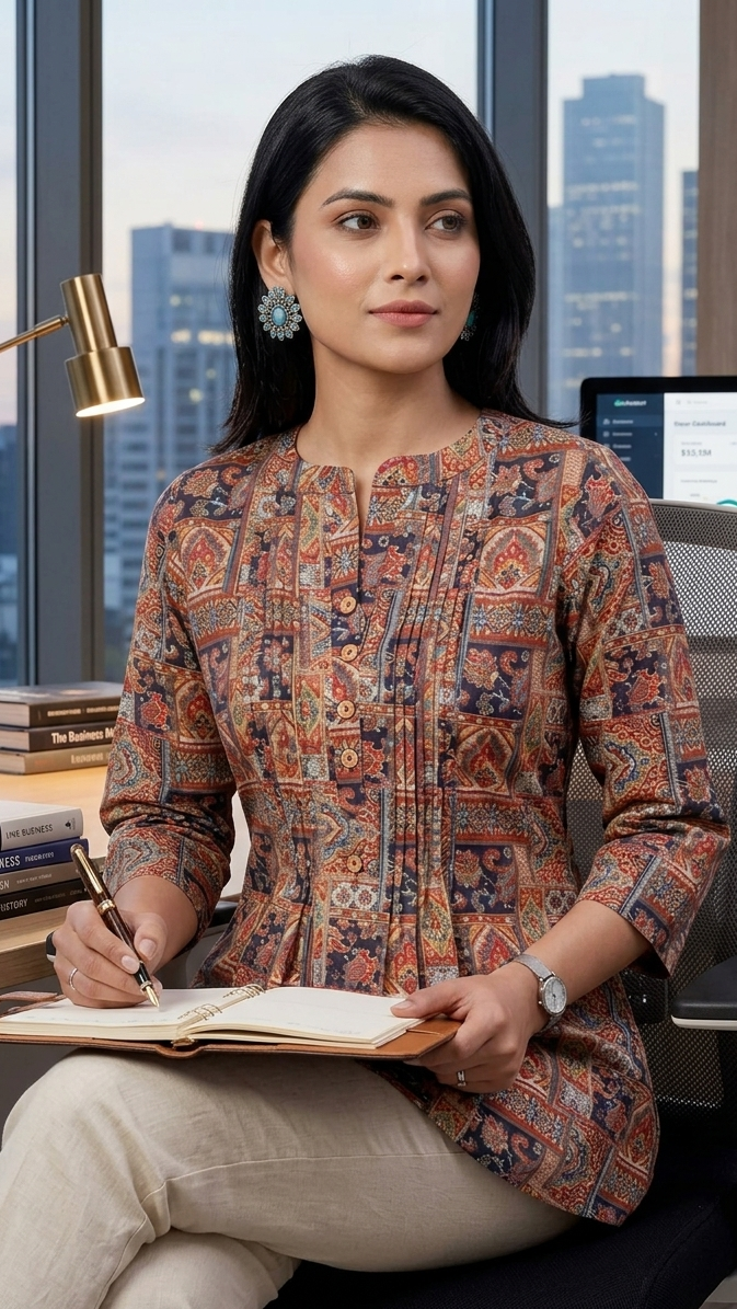 Woman sitting at a desk in an office setting, holding a pen and notebook.