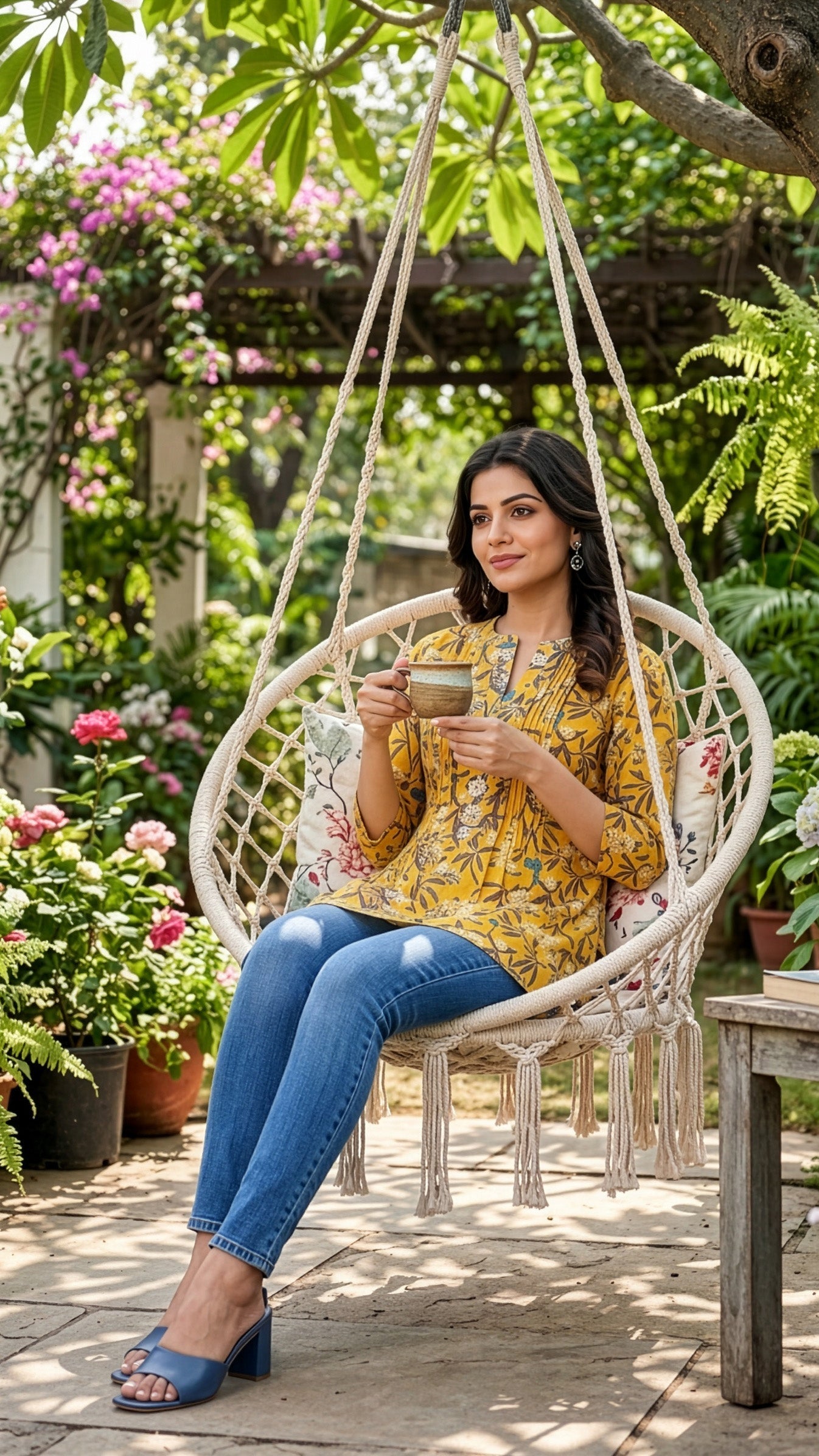 Woman sitting in a hanging chair in a garden surrounded by plants and flowers.