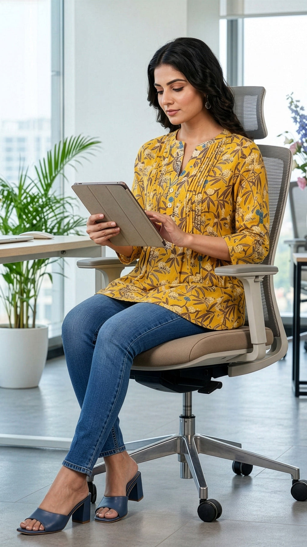 Woman wearing yellow short kurti by REET by Bunaiganj, seated in an office chair, using a tablet.