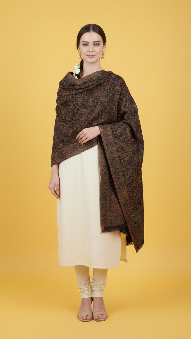 Woman wearing a brown patterned shawl over a cream outfit on a yellow background