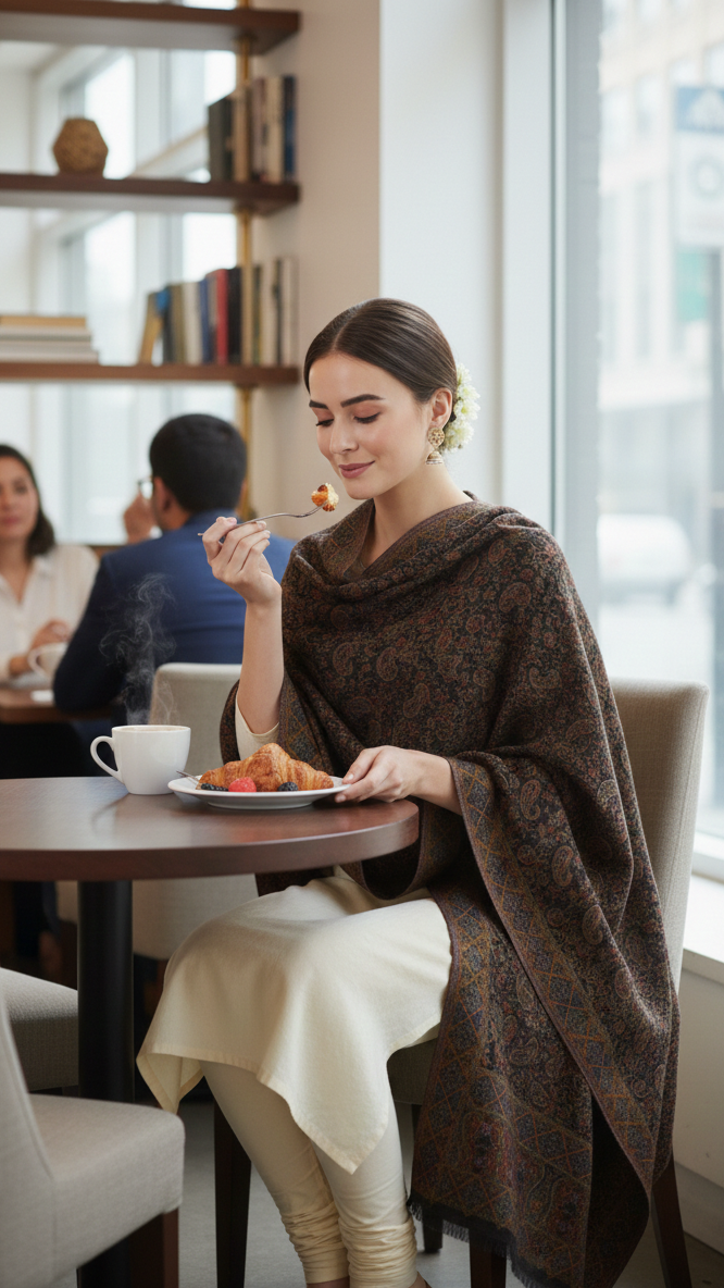 Woman eating at a cafe with a brown patterned shawl