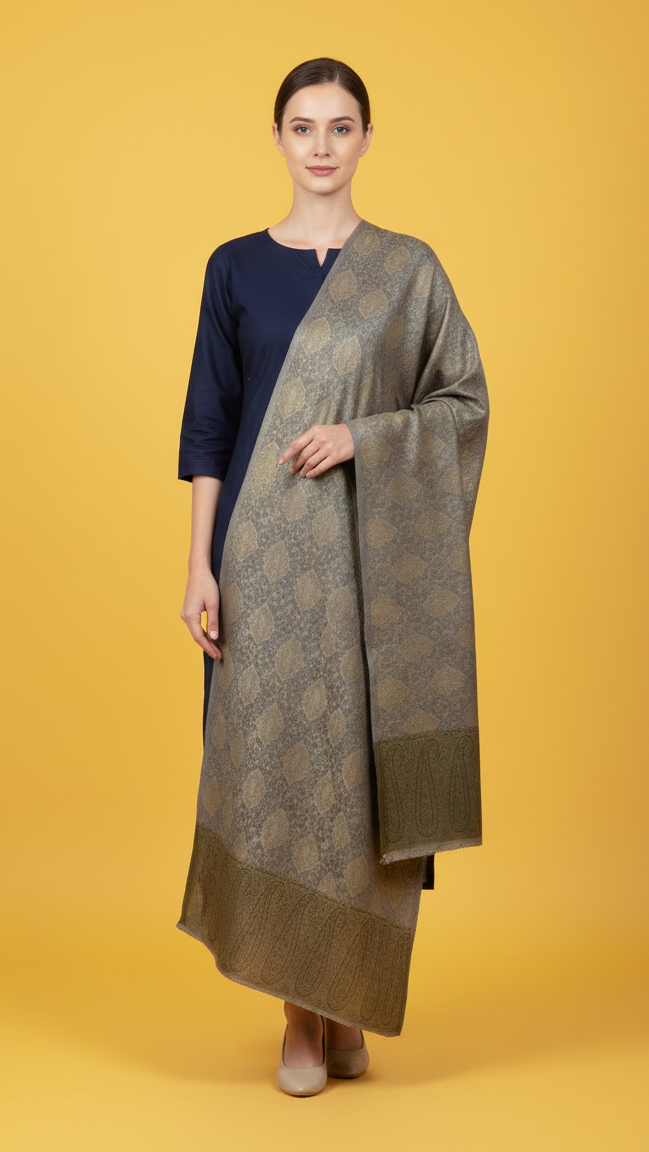 Woman wearing a long, patterned shawl over a dark outfit on a yellow background