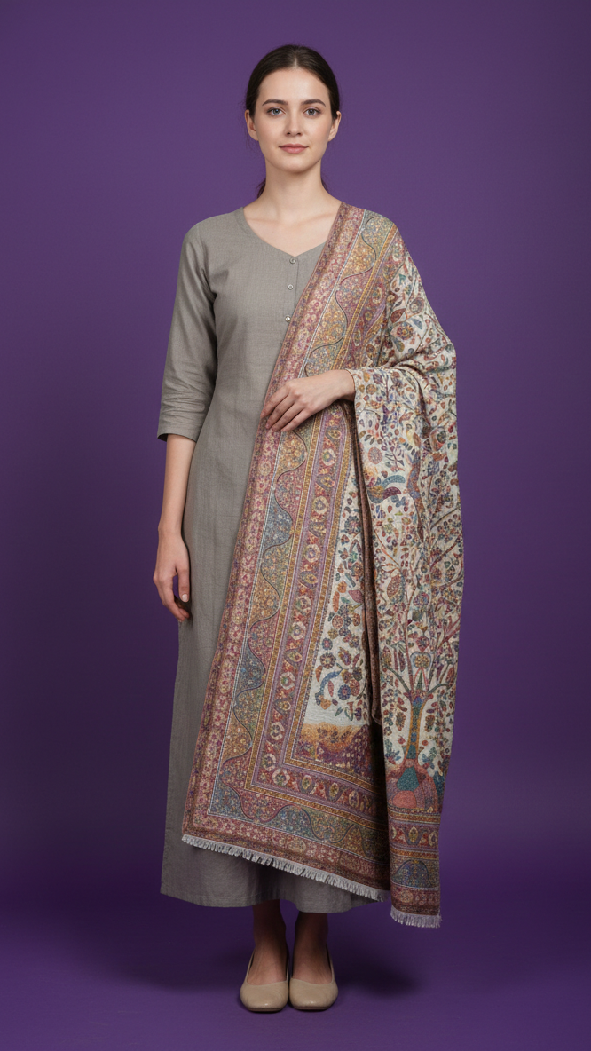 Woman wearing a gray outfit with a patterned scarf against a purple background