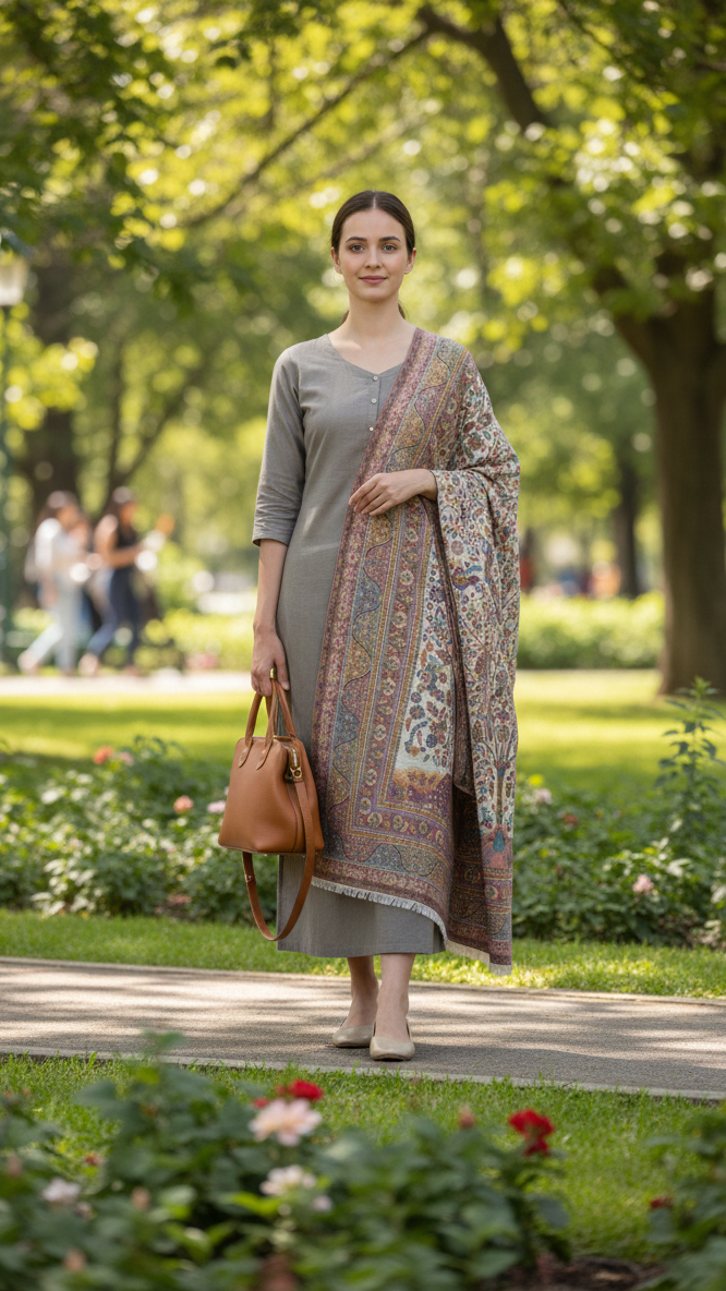 Woman in a park wearing a patterned shawl and holding a brown handbag.