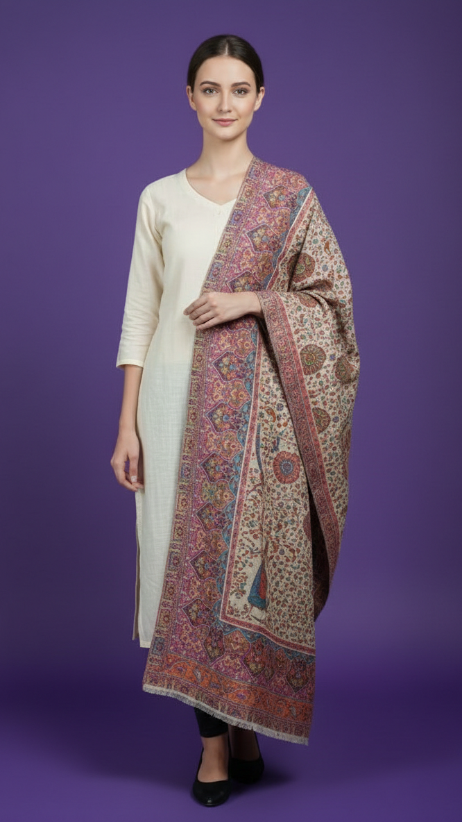 Woman wearing a long, patterned scarf against a purple background