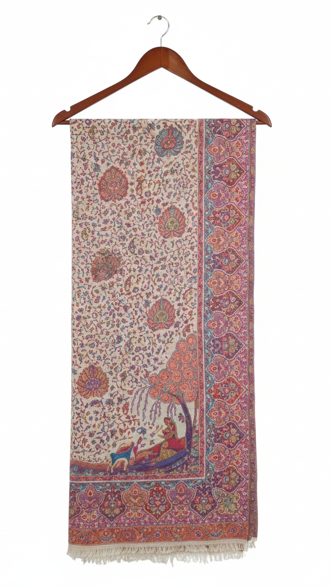 Decorative scarf with intricate patterns and a person under a tree design, hanging on a wooden hanger against a white background.
