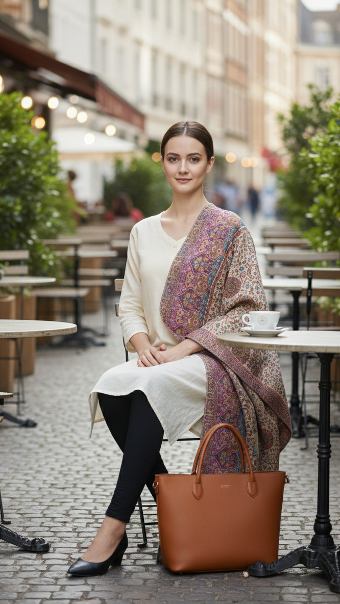 Woman sitting at an outdoor cafe table with a brown handbag