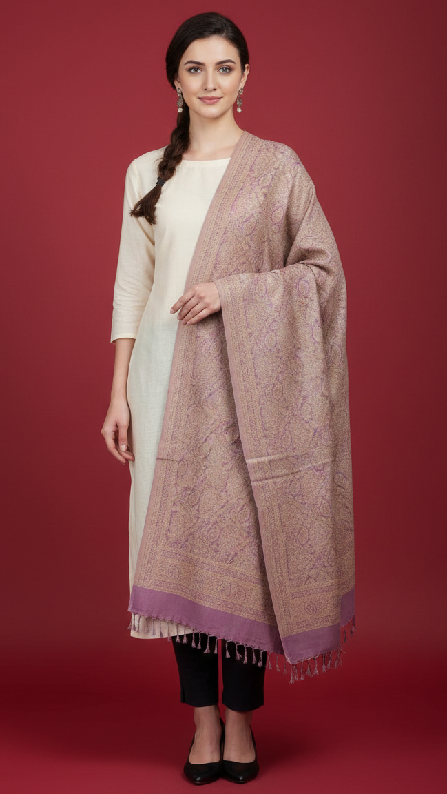 Woman wearing a patterned shawl on a red background