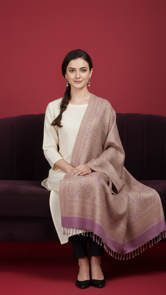 Woman sitting on a dark purple couch with a pink and purple shawl draped over her, against a red background.