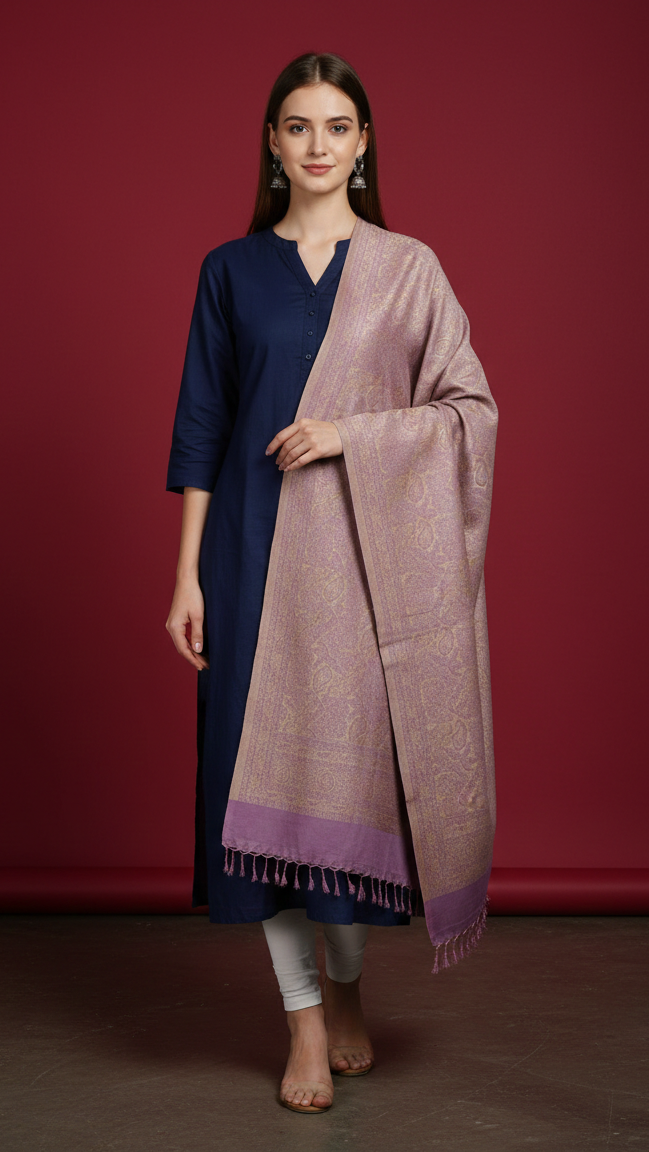 Woman wearing a navy kurta with a pink shawl against a red background