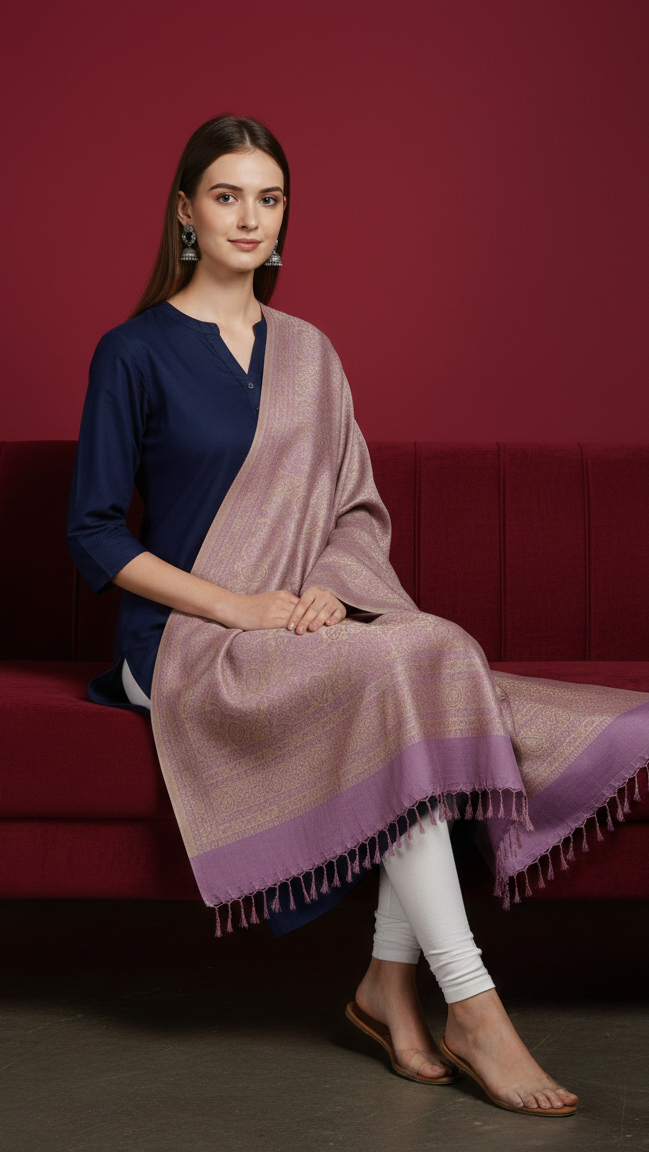Woman sitting on a red couch wearing a pink and purple shawl