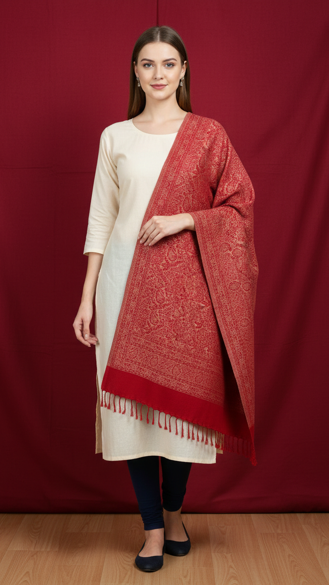 Woman wearing a cream kurta with a red patterned shawl against a red curtain background