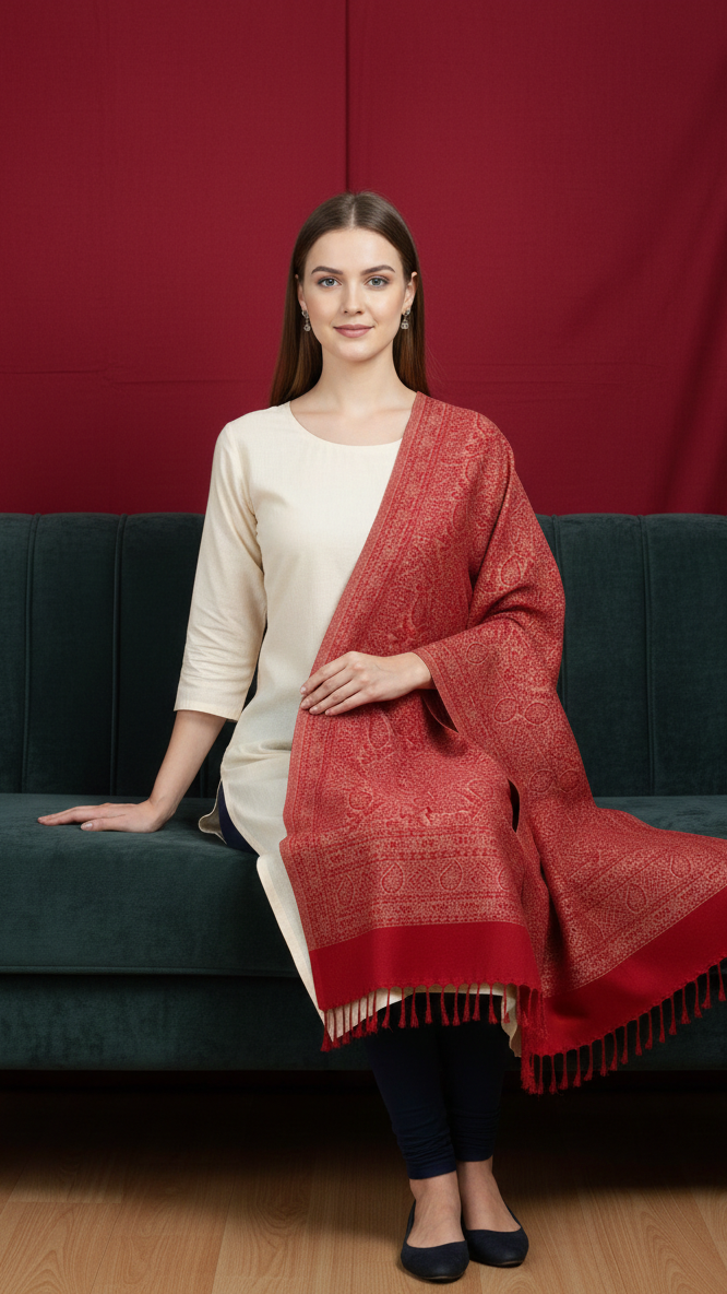 Woman sitting on a couch wearing a red shawl against a red background