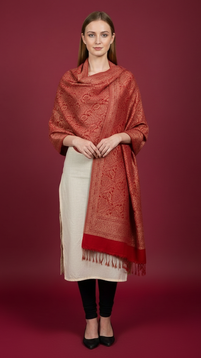 Woman wearing a red patterned scarf against a red background