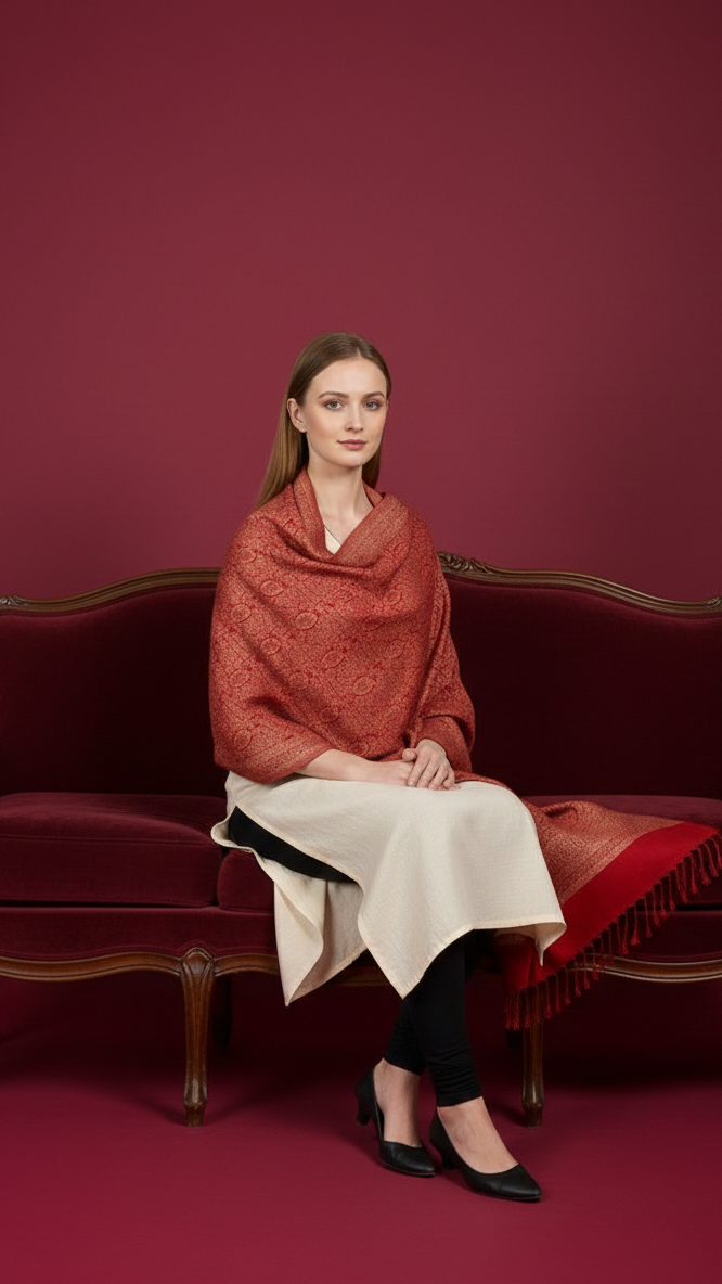 Woman sitting on a red couch wearing a red shawl against a matching red background