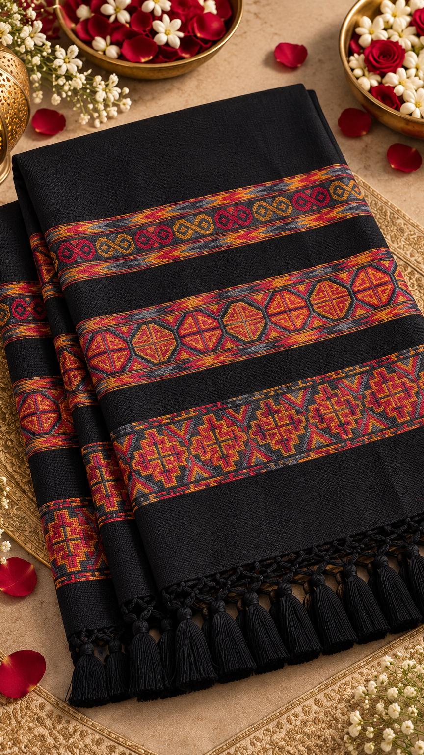 Kullu Border, Traditional, Ethnic, Warm Shawl | Black | REET by Bunaiganj