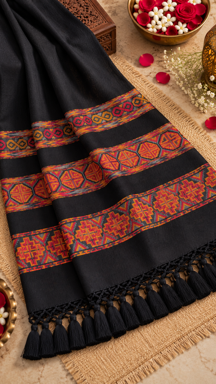 Kullu Border, Traditional, Ethnic, Warm Shawl | Black | REET by Bunaiganj