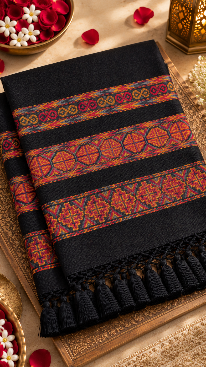 Kullu Border, Traditional, Ethnic, Warm Shawl | Black | REET by Bunaiganj