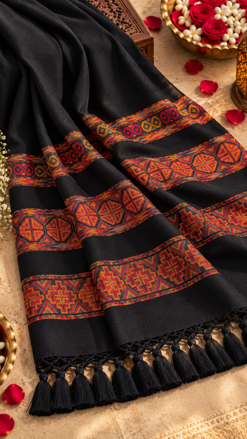 Kullu Border, Traditional, Ethnic, Warm Shawl | Black | REET by Bunaiganj