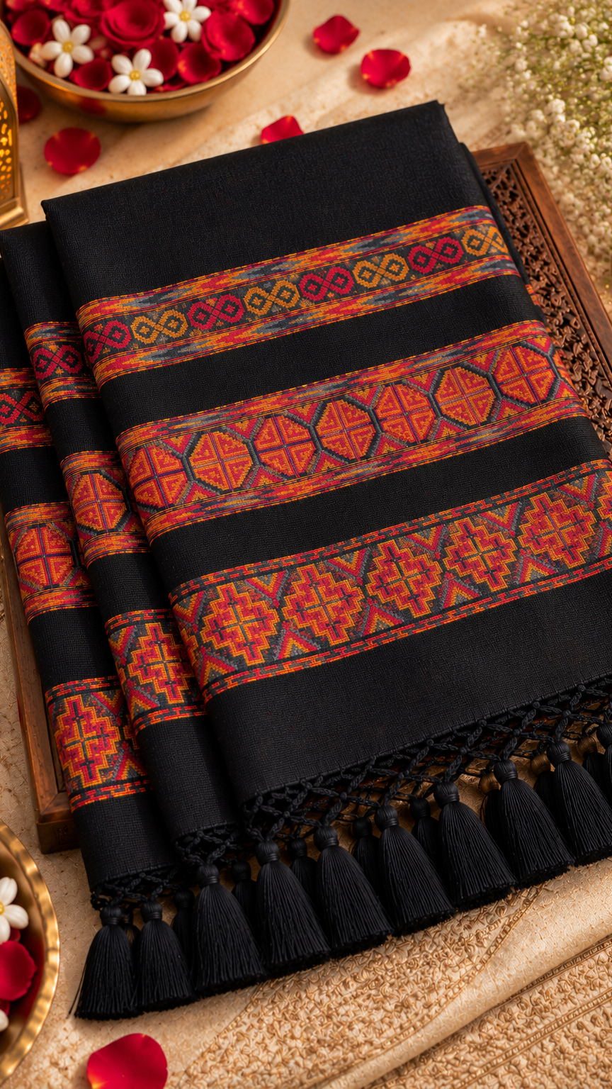 Kullu Border, Traditional, Ethnic, Warm Shawl | Black | REET by Bunaiganj