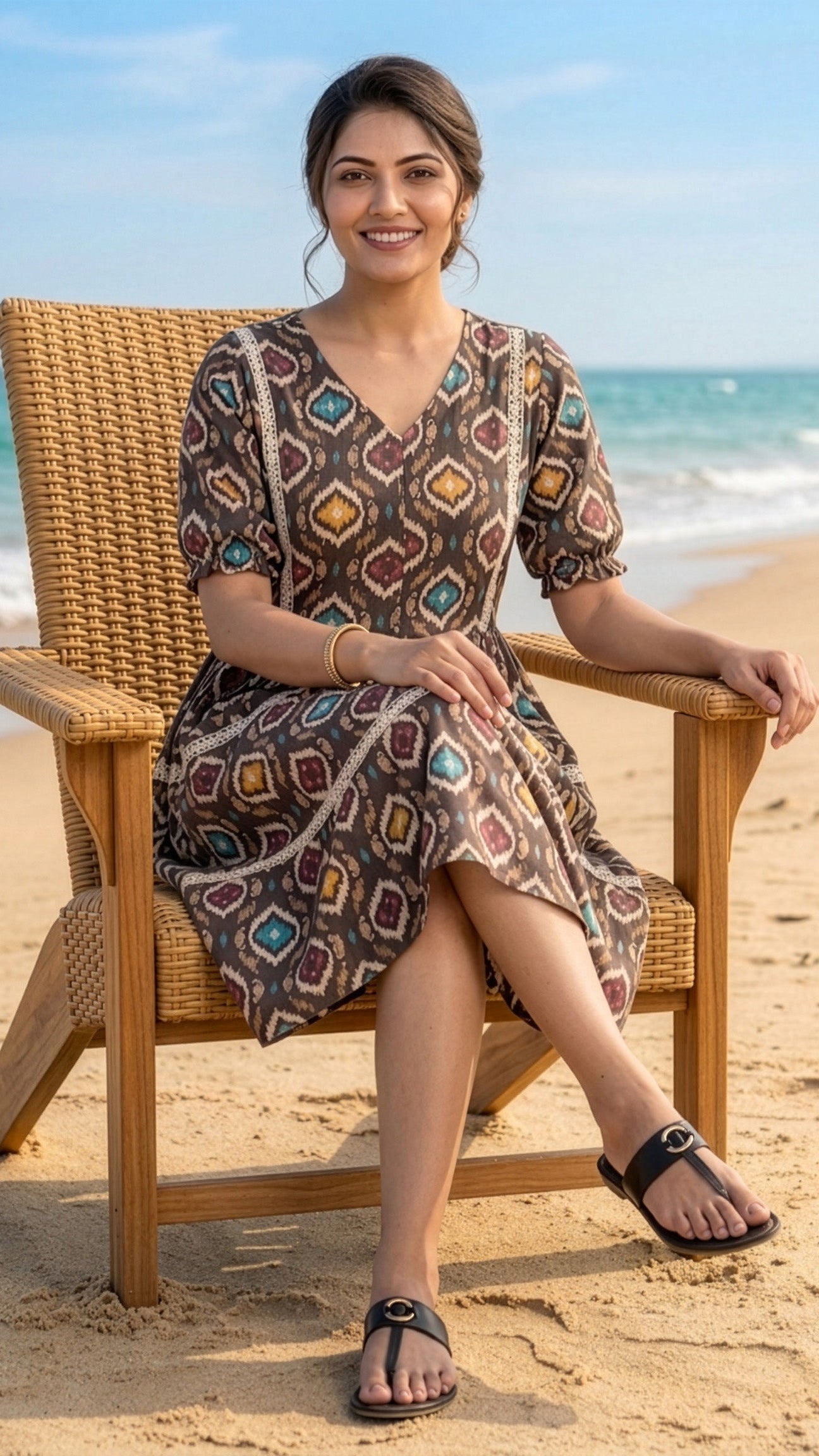 Woman sitting on a beach chair by the ocean wearing a patterned dress.