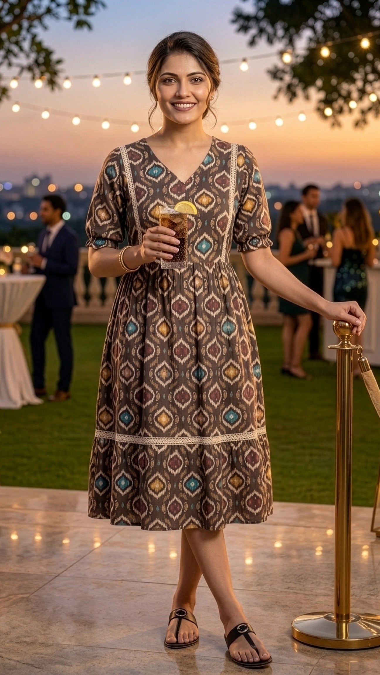 Woman in a patterned dress holding a drink at an outdoor event with string lights and people in the background.