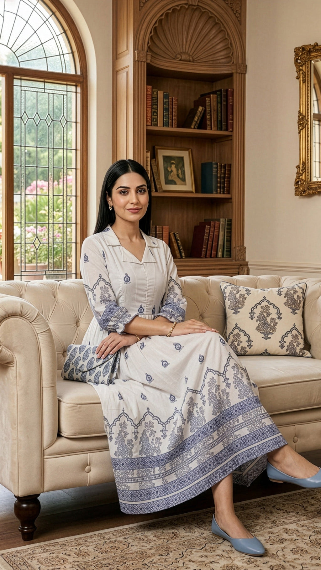 Elegant midi dress showcased on a model sitting on a couch, featuring intricate designs in off white and blue.