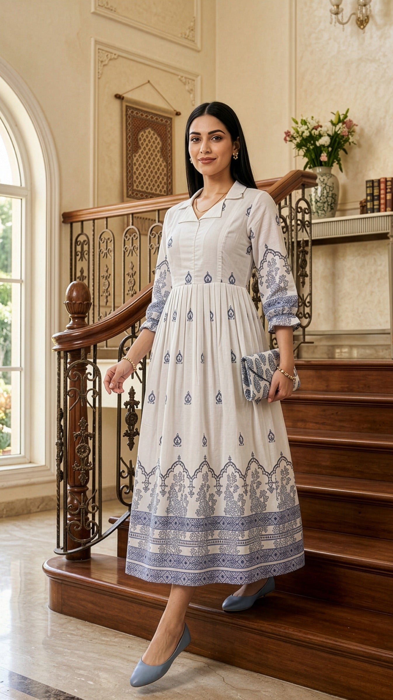 Woman in a white dress with blue patterns standing on a staircase in a well-lit room.