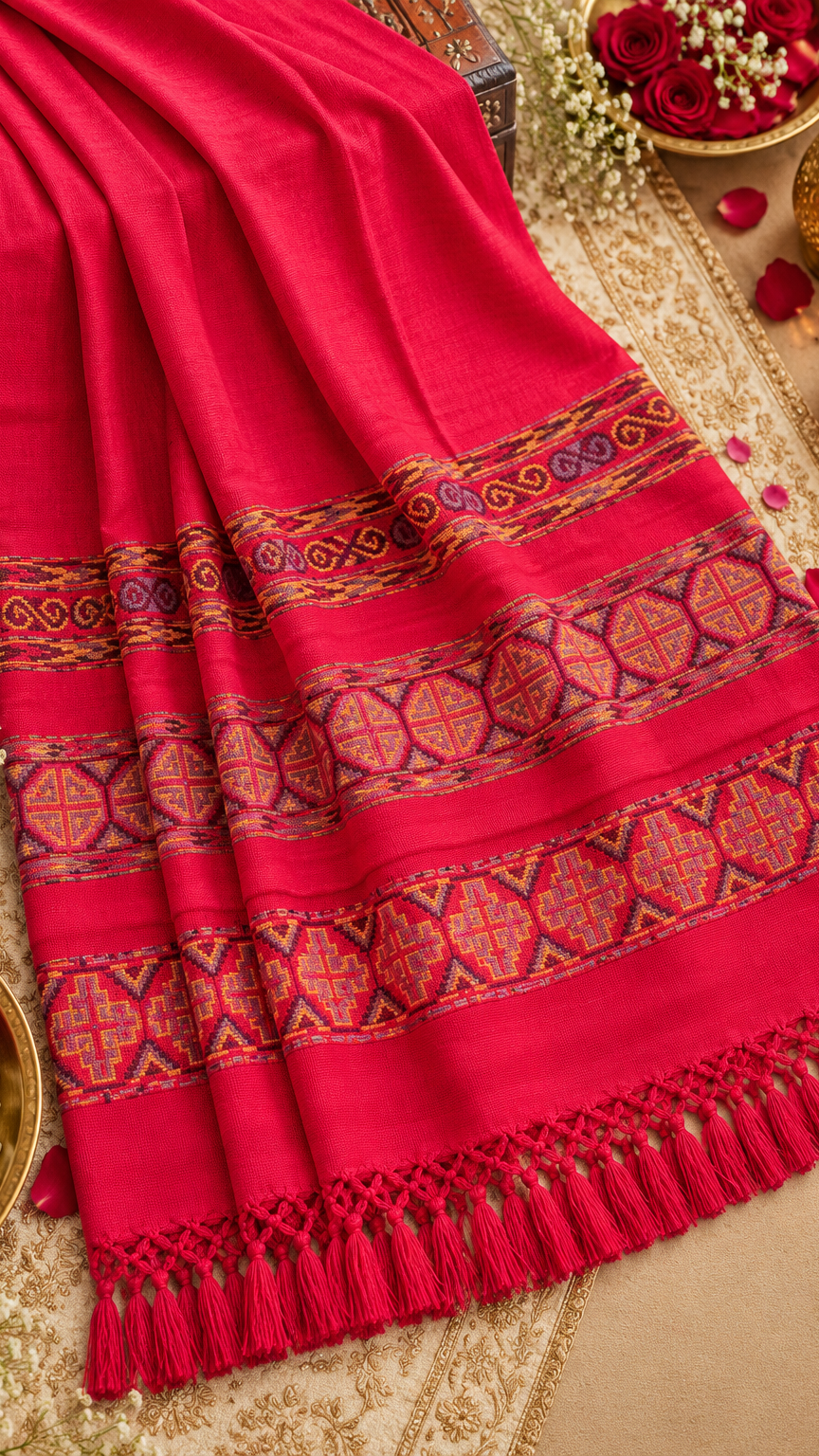 Kullu Border, Traditional, Ethnic, Warm Shawl | Red | REET by Bunaiganj