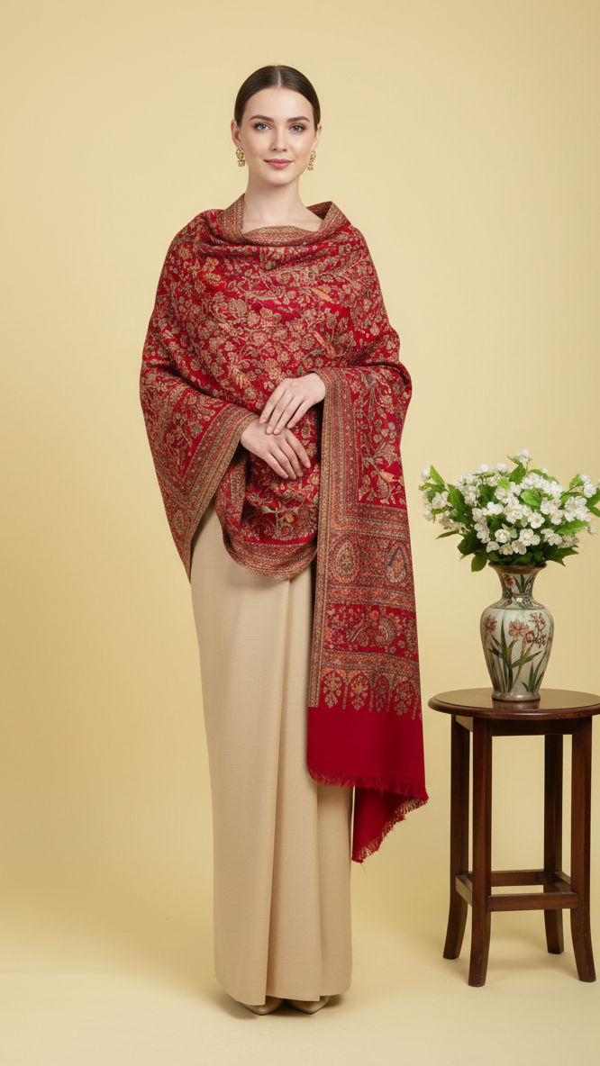 Woman wearing a red patterned shawl over a beige outfit, standing next to a small table with a vase and flowers on a beige background.