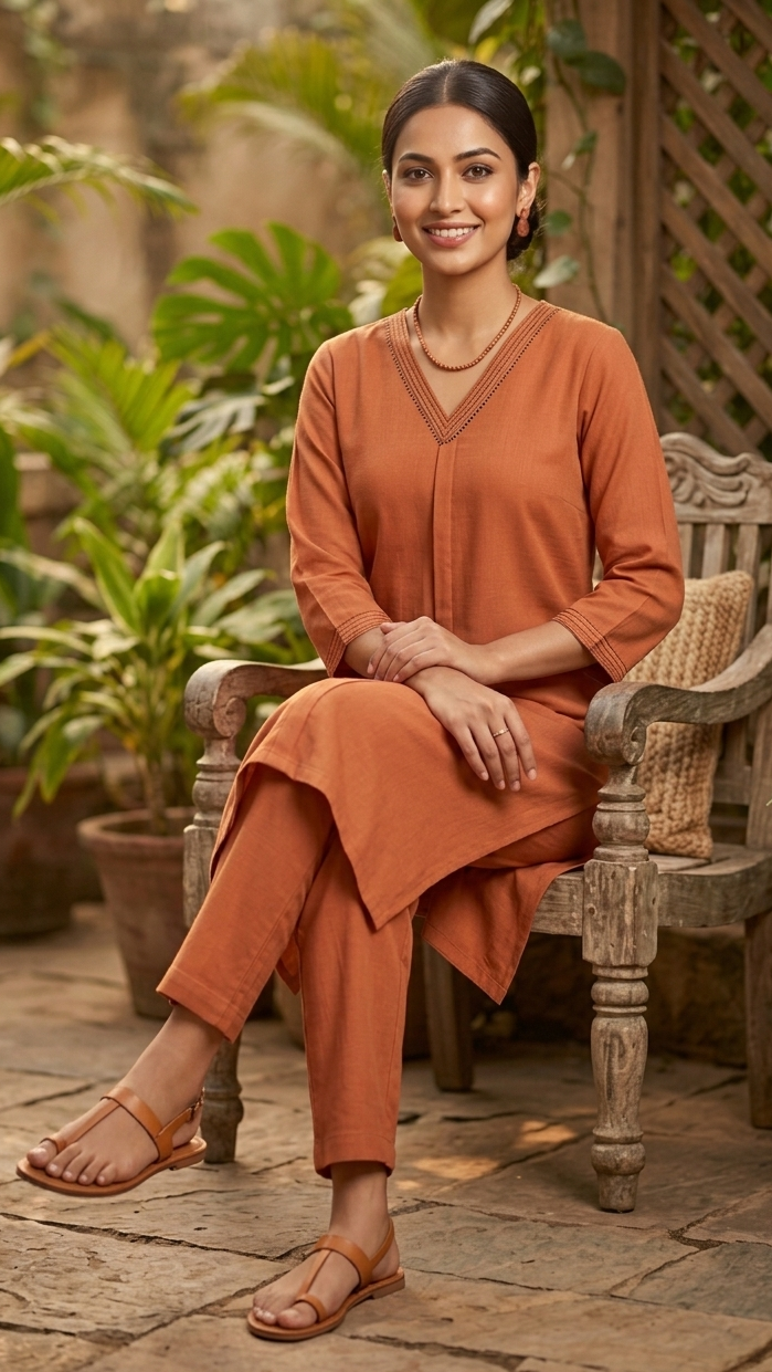 Woman in an orange outfit sitting on a wooden chair surrounded by plants.