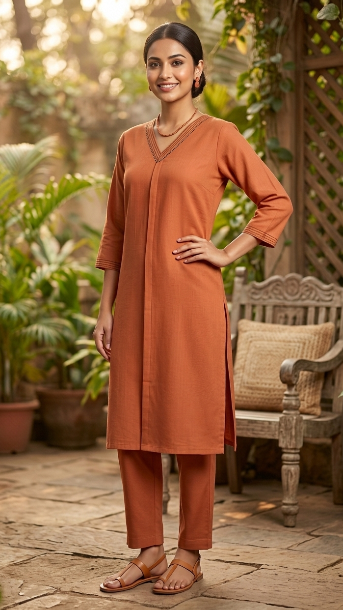 Woman in an orange traditional outfit standing in a garden setting