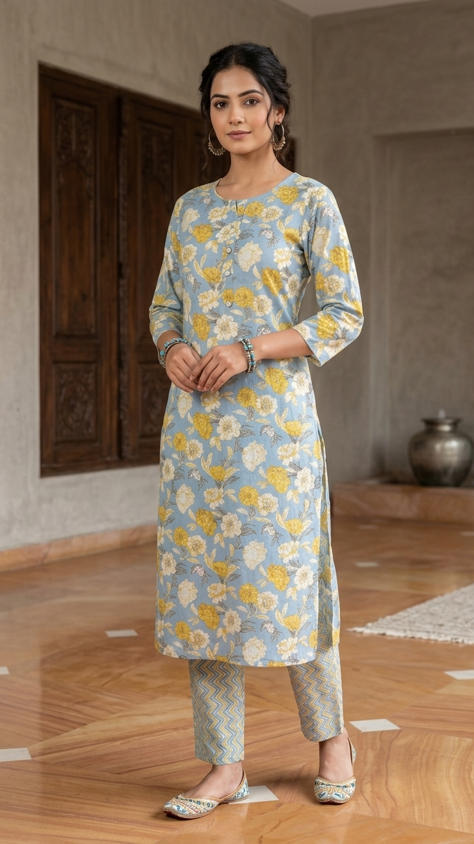 Woman wearing a light blue floral kurta with beige pants in a room with wooden flooring and a decorative pot.