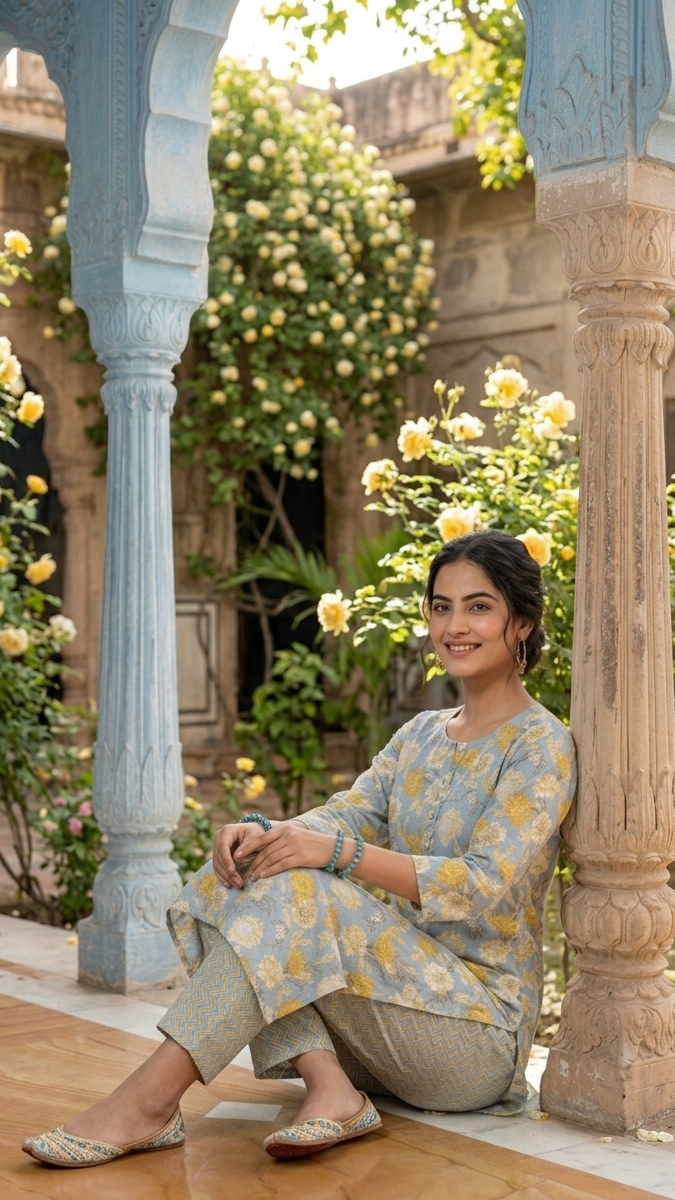 Woman sitting under a floral archway with yellow flowers and greenery.