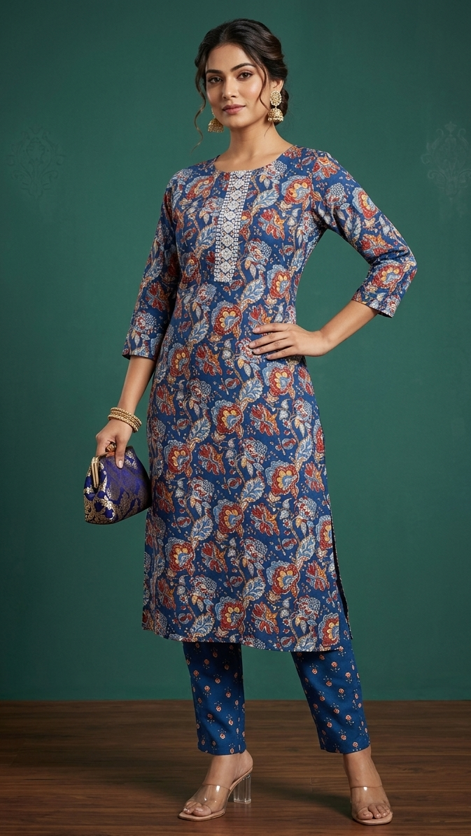 Woman wearing a blue floral kurta with matching pants against a green background