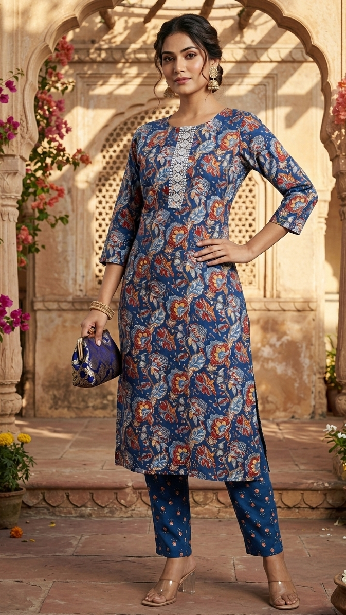 Woman wearing a blue floral kurta with matching pants in an ornate outdoor setting.