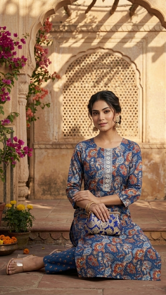 Woman in a blue floral dress sitting in an ornate outdoor setting with flowers and arches.