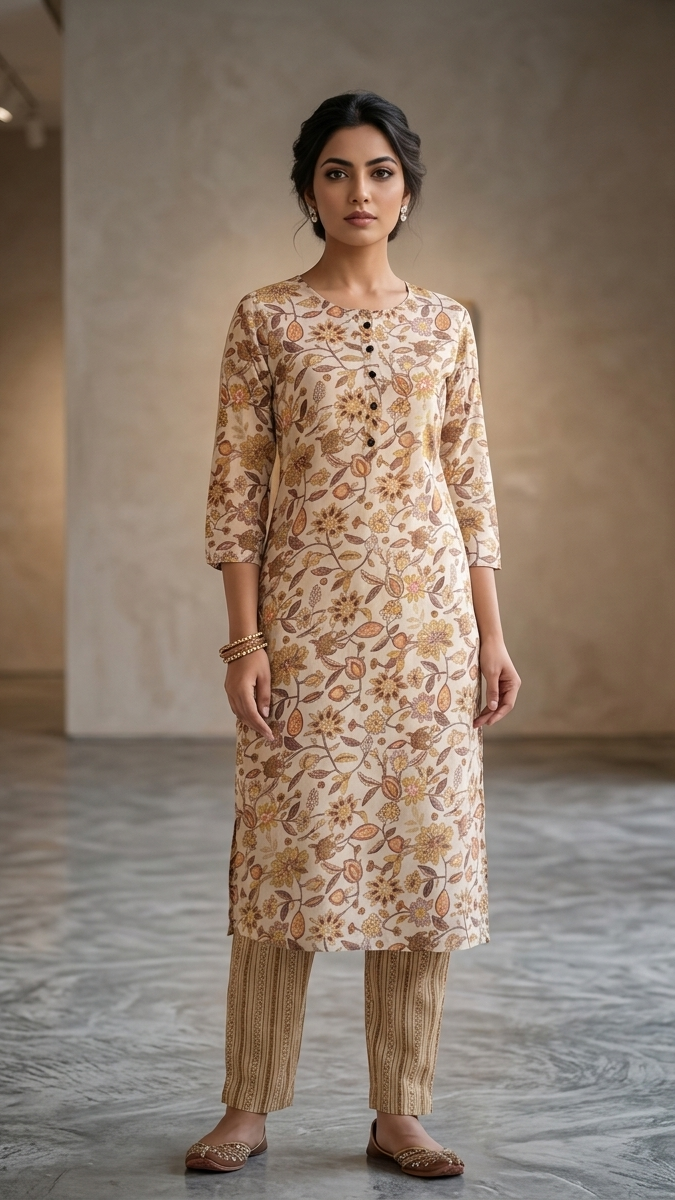 Woman wearing a floral kurta with pants in a neutral setting
