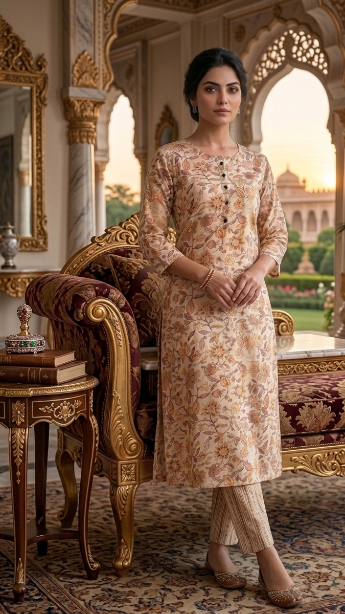 Woman in a floral dress standing in an ornate room with decorative furniture and a garden view.