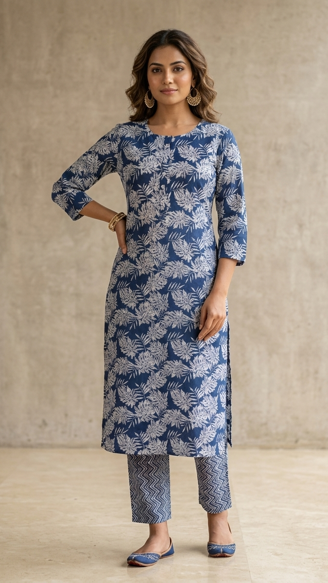 Woman wearing a blue floral kurta with matching pants against a neutral background