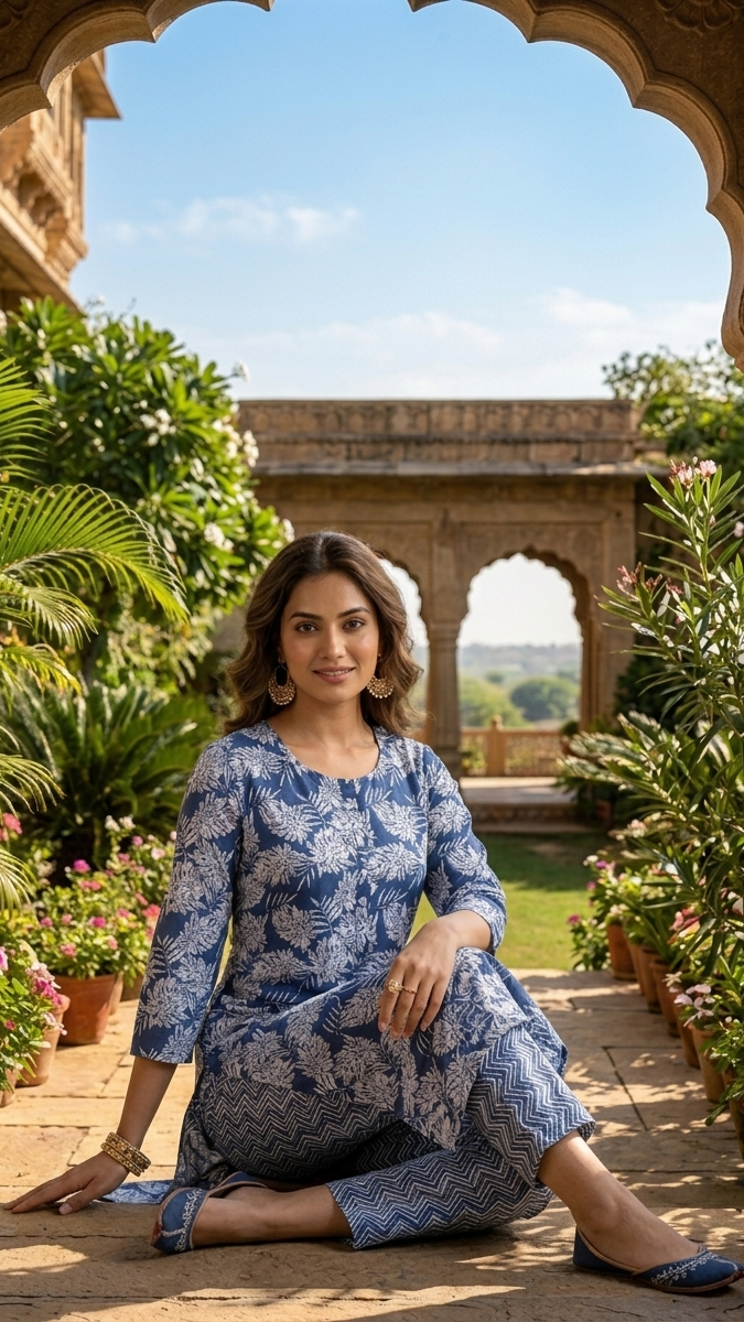 Woman in a blue dress sitting on a stone path with greenery and architecture in the background